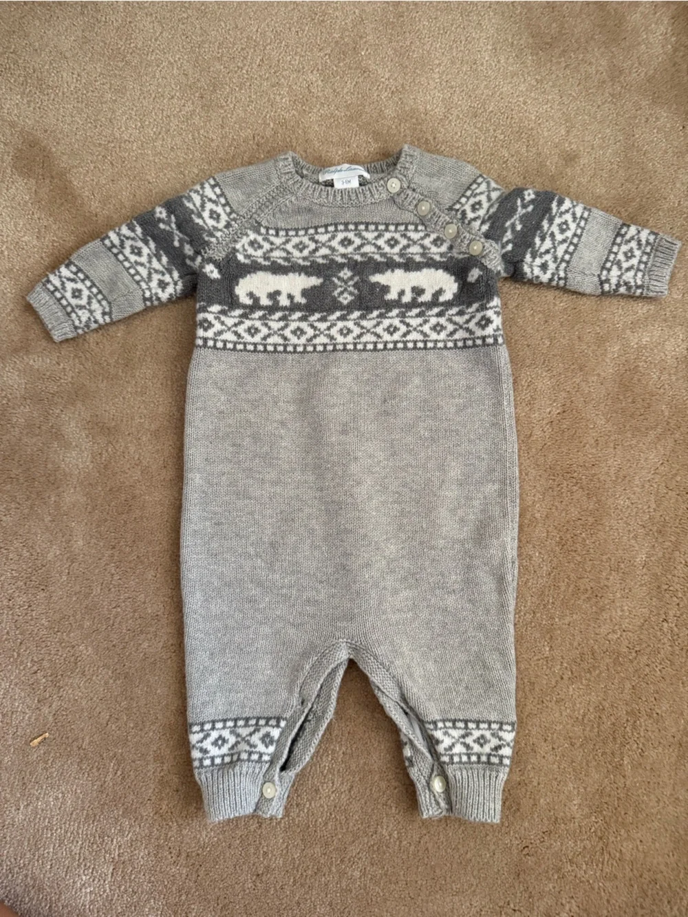 Ralph Lauren Gray and White Nordic Bear Knit One-Piece